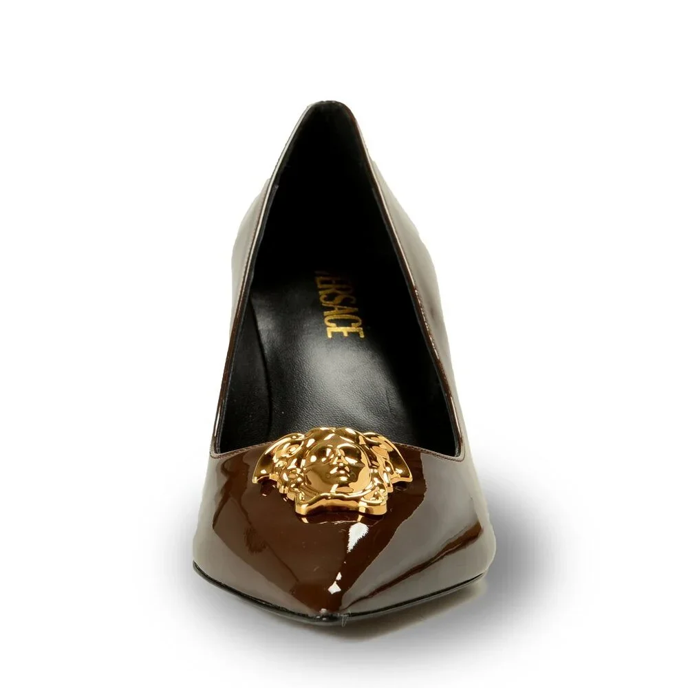 Versace Women's Gold Medusa Chocolate Patent Leather Pump Shoes US 10 IT 40 - Picture 5 of 8